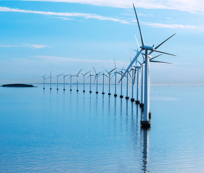 Coastal wind turbines in a row